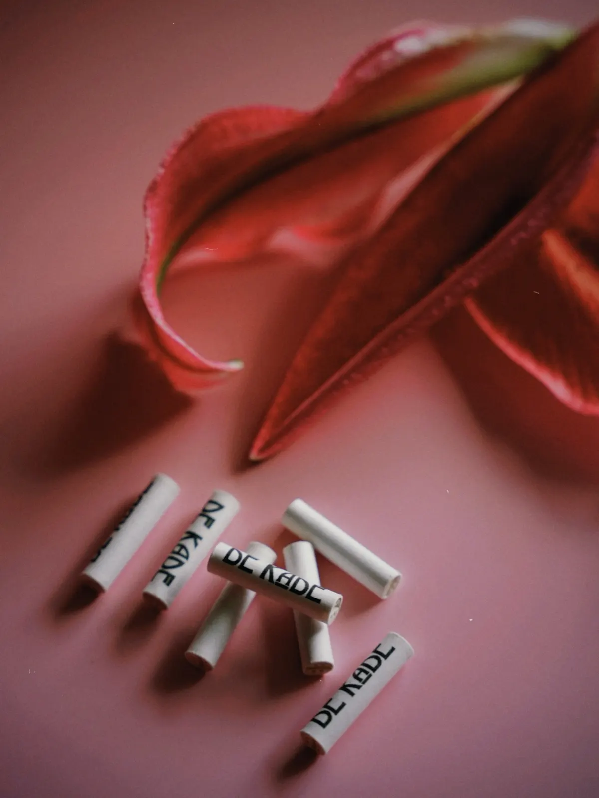 De Kade filter tips arranged beside a red lily